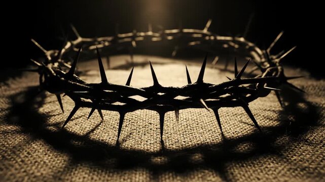 The Crown of Thorns a powerful symbol of the suffering and sacrifice of Jesus Christ rests on a rustic cloth illuminated by a divine light


