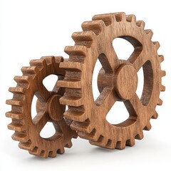 Interlocking Wooden Gears on White Background Demonstrating Mechanical Concepts