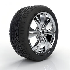 Fototapeta premium Black rubber car tire on a shiny alloy wheel isolated on a white background for auto transportation