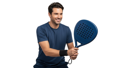 Smiling handsome man holding padel racket ready to play the game athletic male isolated on transparent background