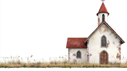 Isolated Old Church with Red Tiled Roof Weathered White Walls and a Small Steeple