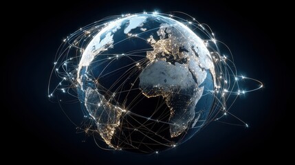 Digital globe with connected trade routes, global network, world trade.