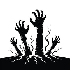 Eerie Silhouette of Zombie Hands Emerging from Cracked Ground A Halloween Nightmare in Black and White