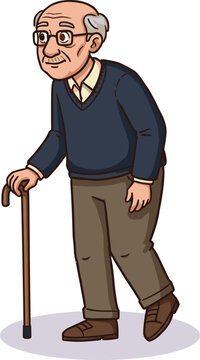 Elderly man walking, cartoon style, using cane, senior mobility, aging support, glasses, mustache, blue sweater, brown pants, health care