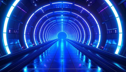 A futuristic, glowing tunnel with neon blue and purple lights leading to a bright circular portal at the end. Reflective floor