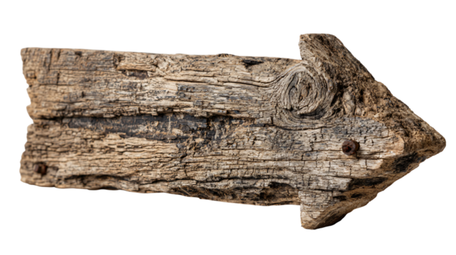 Weathered wooden arrow sign isolated, Rustic arrow shaped wooden board, Old arrow wooden direction sign
