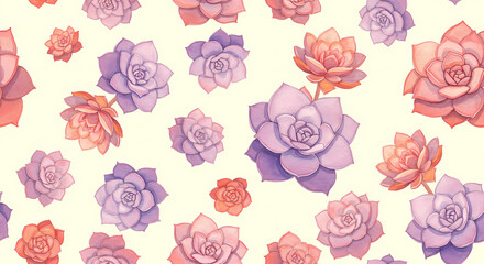 Elegant Pastel Floral Pattern: Seamless Botanical Design with Pink and Lavender Succulent Flowers. Perfect for Digital Backgrounds, Textile Prints & Creative Projects.