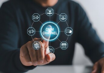 A person touching omni channel interface with glowing icons representing different communication methods