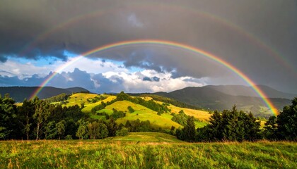Fototapeta premium countryside hilly landscape with dark clouds and a vibrant rainbow