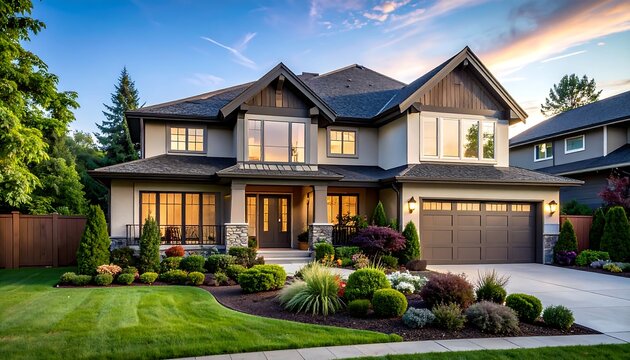 A luxurious two-story residence, showcasing a manicured lawn, vibrant landscaping, and a welcoming facade, reflecting the sunset