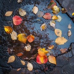 autumn leaves on wet asphalt.