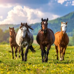 Obraz premium Four horses gallop across a field of green grass towards the camera