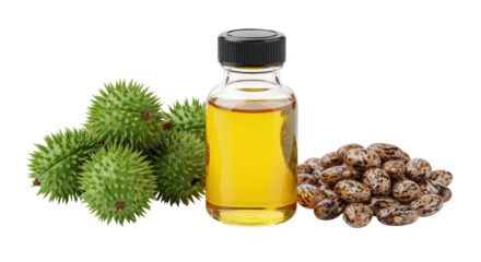 Isolated castor oil bottle with beans and prickly seed pods, herbal remedy ingredient