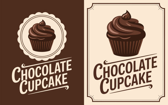 Delicious chocolate cupcake with swirled frosting and vintage label design - Powered by Adobe