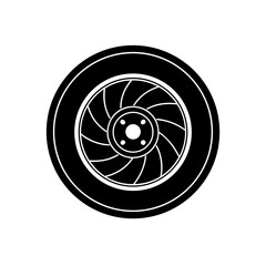 Black and white car wheel vector graphic on transparent background silhouette
