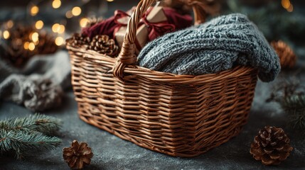Obraz premium Holiday and Christmas and New year present concept. Gift basket, Gift set. 