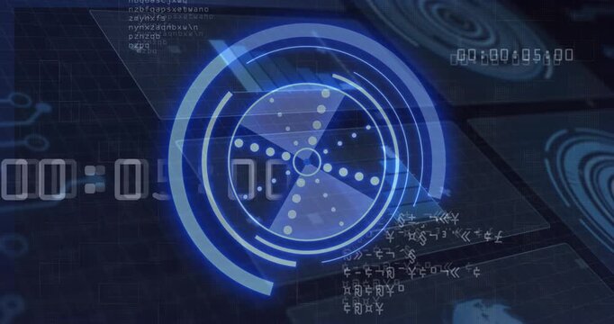 Digital interface rotating circle as timer count incrementing and code scrolling showing data cycle