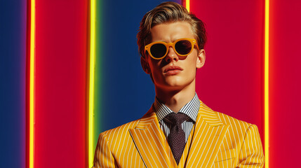 Young man in yellow striped suit and sunglasses stands against vibrant neon background.
