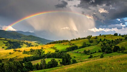 Obraz premium countryside hilly landscape with dark clouds and a vibrant rainbow