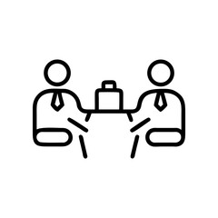 Two business people sitting at a table with a briefcase in the middle in a meeting discussion room on transparent background silhouette
