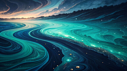 Fantasy Ocean Wave with Sunset Glow and Galaxy Sky