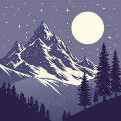 Fototapeta premium Winter night snowy mountain landscape with trees and stars