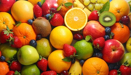 A vibrant, colorful assortment of fresh fruits, including oranges, strawberries, kiwi, apples, grapes, and blueberries, displayed together