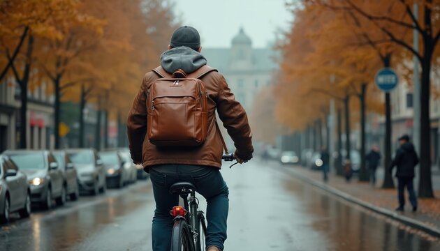 Fototapeta Young man rides bike on wet city street. Wears brown jacket, hat, backpack. Autumn trees with orange leaves line road. Person cycles in urban area on cloudy fall day. Commuter travels on bike for