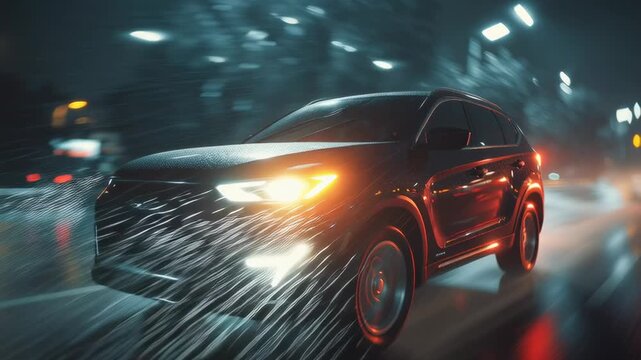 Black SUV driving fast on a wet road at night with headlights on, surrounded by rain and blurred city lights, symbolizing speed, safety, and urban lifestyle.