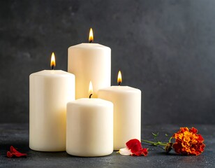 Four white candles on dark stone