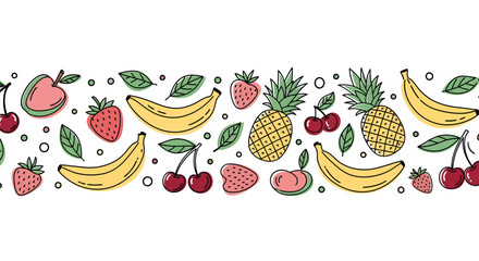 Hand-drawn doodle fruit border with bananas, strawberries, pineapples, and cherries on a white background.