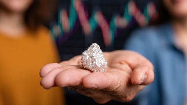 A person holds a shiny mineral or crystal in their hand, with a blurred background of a financial chart.