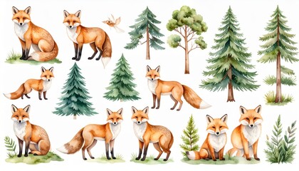 watercolor collection of fox in the woods handdrawn. Artistic fox image in forest unique painted wildlife nature scene drawing for decor.