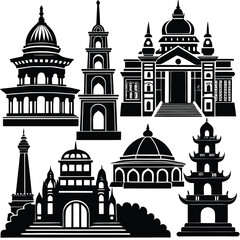 Collection of diverse architectural monument silhouettes for design projects