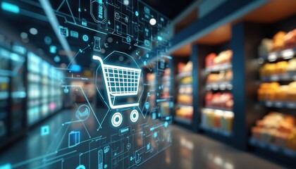 Digital shopping experience displayed in supermarket aisle. Shopping cart icon tech overlay against blurred store interior with food products on shelves. Modern concept for online grocery retail tech.