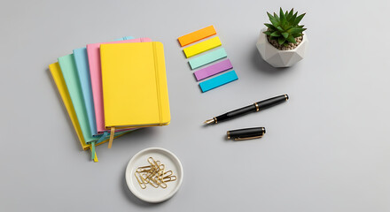 Overhead shot of colorful notebooks, sticky notes, paper clips, a fountain pen, and a succulent in a white pot on a gray background, creating a vibrant and organized workspace aesthetic, perfect for c