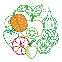 Collection of outline illustrations featuring a variety of fresh fruits and vegetables