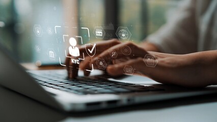 Digital KYC verification with biometric scan, ID authentication, and financial security icons...