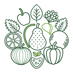 Collection of fresh fruits and vegetables with outline illustrations in vibrant colors