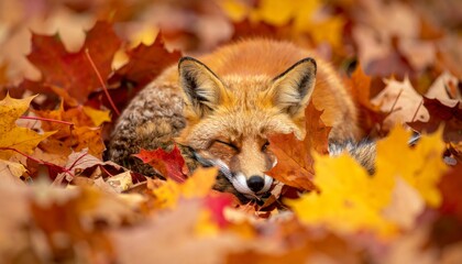 Obraz premium Sleepy fox nestled in autumn leaves. Cozy fox rest amid fall foliage a peaceful animal during seasonal change nature scene.
