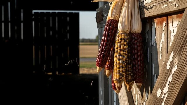 Indian corn hanging on barn door, fall harvest.  Corncobs, rural farm scene, autumn decoration, Thanksgiving. Agricultural themes, decorative corn, rustic charm, seasonal sales.