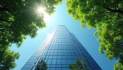 Glass skyscraper surrounded by green trees against blue sky. Worms eye view of tall building with reflective windows. Sun shining through leaves of trees. Modern architecture in urban environment.