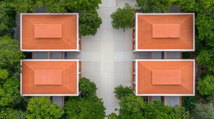 Fototapeta premium Wide aerial drone shot of climate adaptive Heat-Resilient Design neighborhood with shaded courtyards and tree canopies.