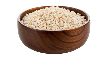 Isolated puffed rice cereal in wooden bowl, healthy breakfast, morning snack food