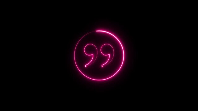 glowing neon Quotation mark up icon animation.concept of callout text template on a black background.