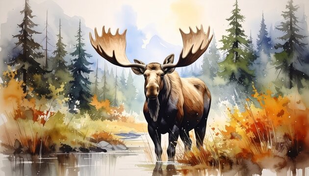 Realistic watercolor moose art nature themed image. Serene wildlife painting majestic elk forest scene tranquil outdoor artwork.