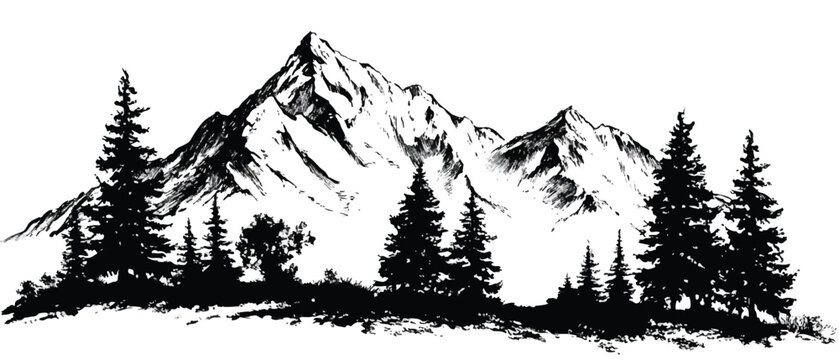 Majestic mountain range silhouette with evergreen trees monochrome nature scene for outdoor adventure themes