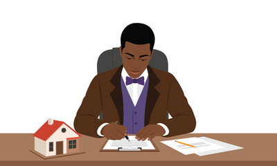 Real Estate Agent Reviewing Contract with House Model Illustration Depicting Homeownership and Investment Opportunities with Professional Demeanor and Formal Attire