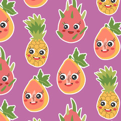 Funny seamless design with kawaii tropical fruits. Pineapples and papaya with happy cartoon faces. Childish doodle pattern for fabric, wallpaper, stationery and packaging.