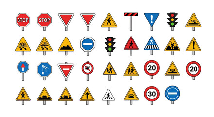Collection of international traffic and road safety signs with diverse symbols for navigation and regulation